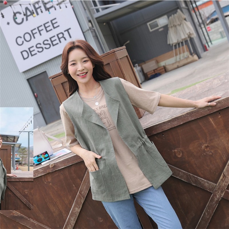 簡約抽繩收腰背心🌕背心 抽繩 外套背心 無袖 翻領 開襟 上衣-細節圖7