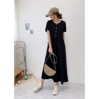 💥現貨💥日系排釦寬鬆大口袋洋🤎洋裝 連身洋 圓領 長裙 排釦 大口袋 連身裙 短袖 寬鬆-細節圖3