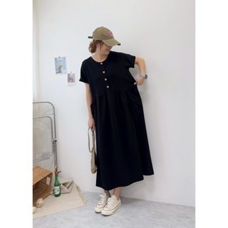 💥現貨💥日系排釦寬鬆大口袋洋🤎洋裝 連身洋 圓領 長裙 排釦 大口袋 連身裙 短袖 寬鬆-細節圖4