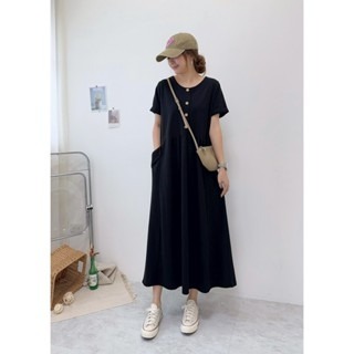 💥現貨💥日系排釦寬鬆大口袋洋🤎洋裝 連身洋 圓領 長裙 排釦 大口袋 連身裙 短袖 寬鬆-細節圖5