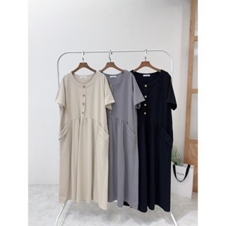 💥現貨💥日系排釦寬鬆大口袋洋🤎洋裝 連身洋 圓領 長裙 排釦 大口袋 連身裙 短袖 寬鬆-細節圖7