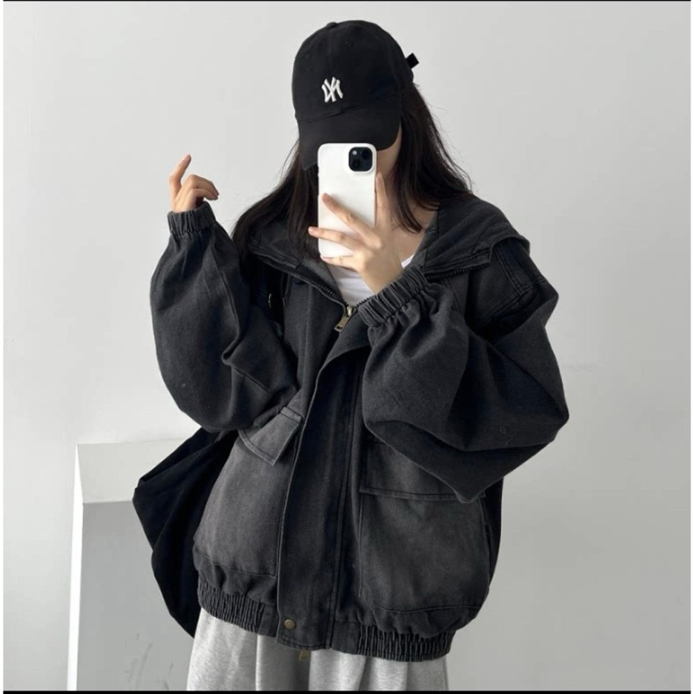 個性雙向拉鍊連帽牛仔外套🤎單寧 牛仔 連帽外套 牛仔外套 雙向拉鍊 連帽-細節圖2