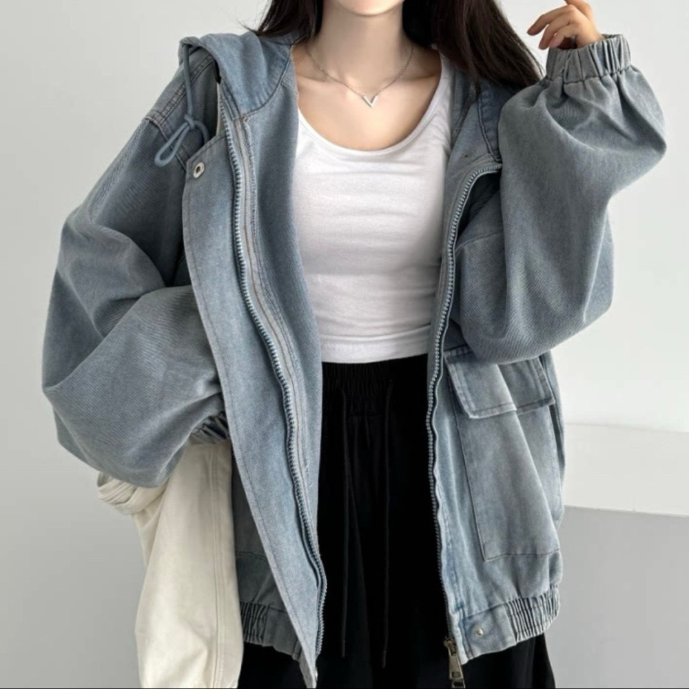 個性雙向拉鍊連帽牛仔外套🤎單寧 牛仔 連帽外套 牛仔外套 雙向拉鍊 連帽-細節圖6