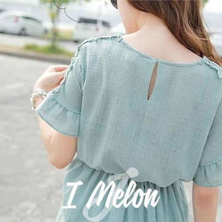 【現貨】氣質肩感織花魟魚 棉麻袖簍空雕花腰鬆緊短袖上衣 ::: i-MelOn ::: 100%韓國空運 正韓-細節圖3