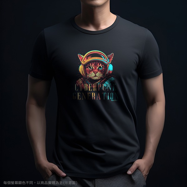 台灣TAIWAN自創品牌潮流T恤-圓領短袖T(轉印)-pip-pep-賽博龐克貓-細節圖3