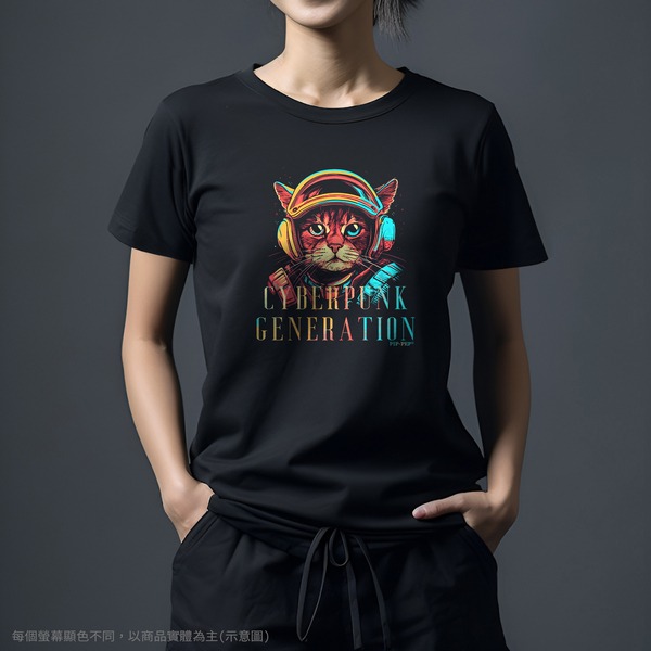 台灣TAIWAN自創品牌潮流T恤-圓領短袖T(轉印)-pip-pep-賽博龐克貓-細節圖4