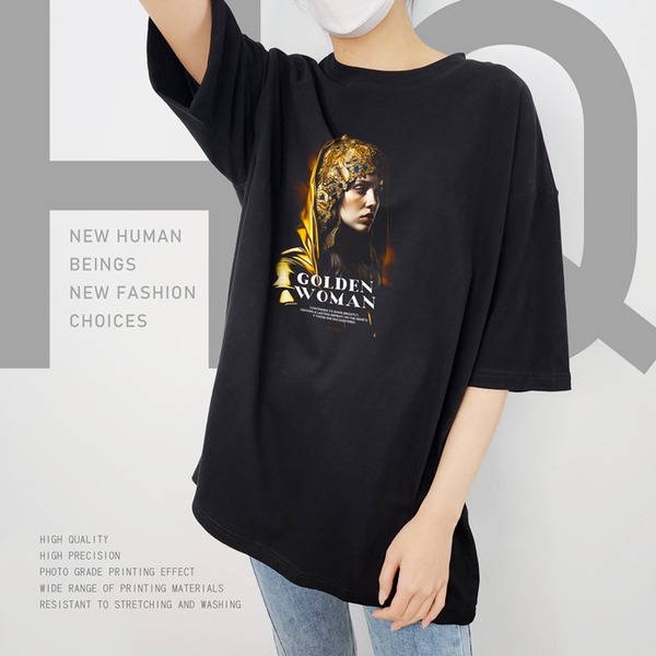 台灣TAIWAN自創品牌潮流T恤-厚磅單邊開岔-轉印技術印刷-pip-pep-金色女孩-細節圖2