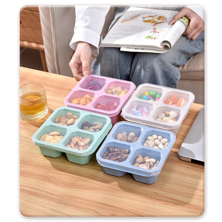 珍棧批發城～食物分裝盒 四格收納盒小麥食盒小吃盒四格透明蓋零食盤乾果盒圍爐煮茶點餐盒保鮮小吃碟帶蓋分隔盒-細節圖4