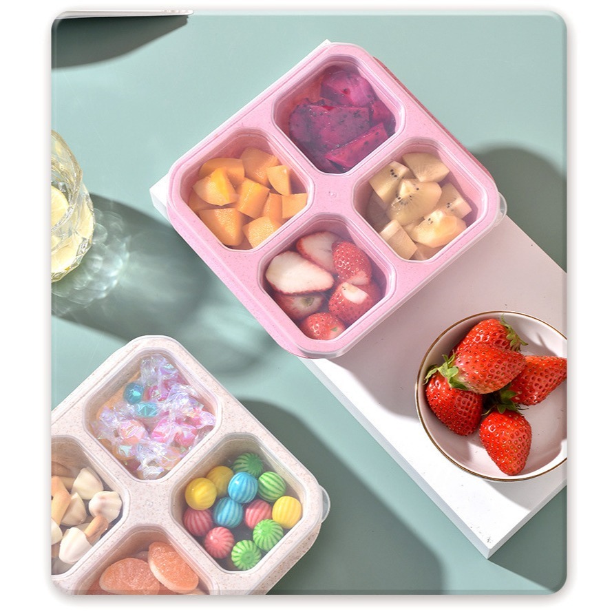 珍棧批發城～食物分裝盒 四格收納盒小麥食盒小吃盒四格透明蓋零食盤乾果盒圍爐煮茶點餐盒保鮮小吃碟帶蓋分隔盒-細節圖5