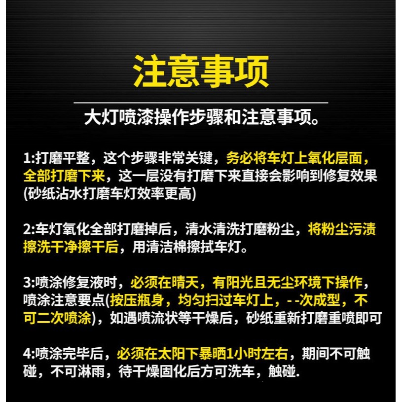 汽車大燈修復劑UV車燈翻新修復液燈罩自噴翻新速亮鍍膜劑200ml升級容量不加價送砂纸遮蔽膜-細節圖2