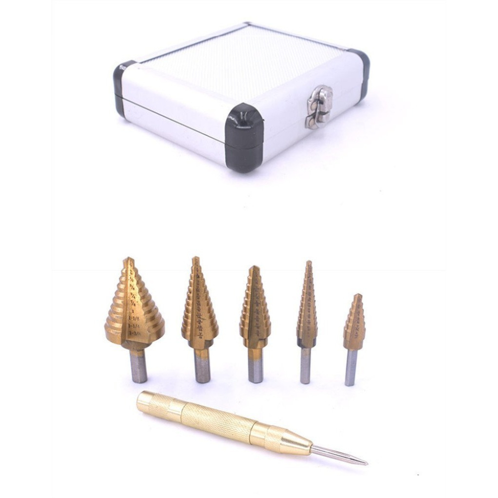 高速鋼英制寶塔鑽三角柄鍍鈦開孔器 6件套擴孔開孔階梯鑽頭套裝 6件套英制鑽頭【鋁盒裝】-細節圖2