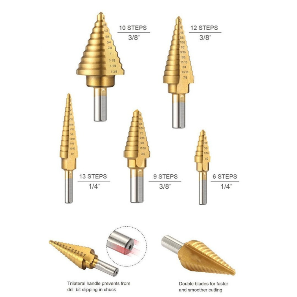 高速鋼英制寶塔鑽三角柄鍍鈦開孔器 6件套擴孔開孔階梯鑽頭套裝 6件套英制鑽頭【鋁盒裝】-細節圖4