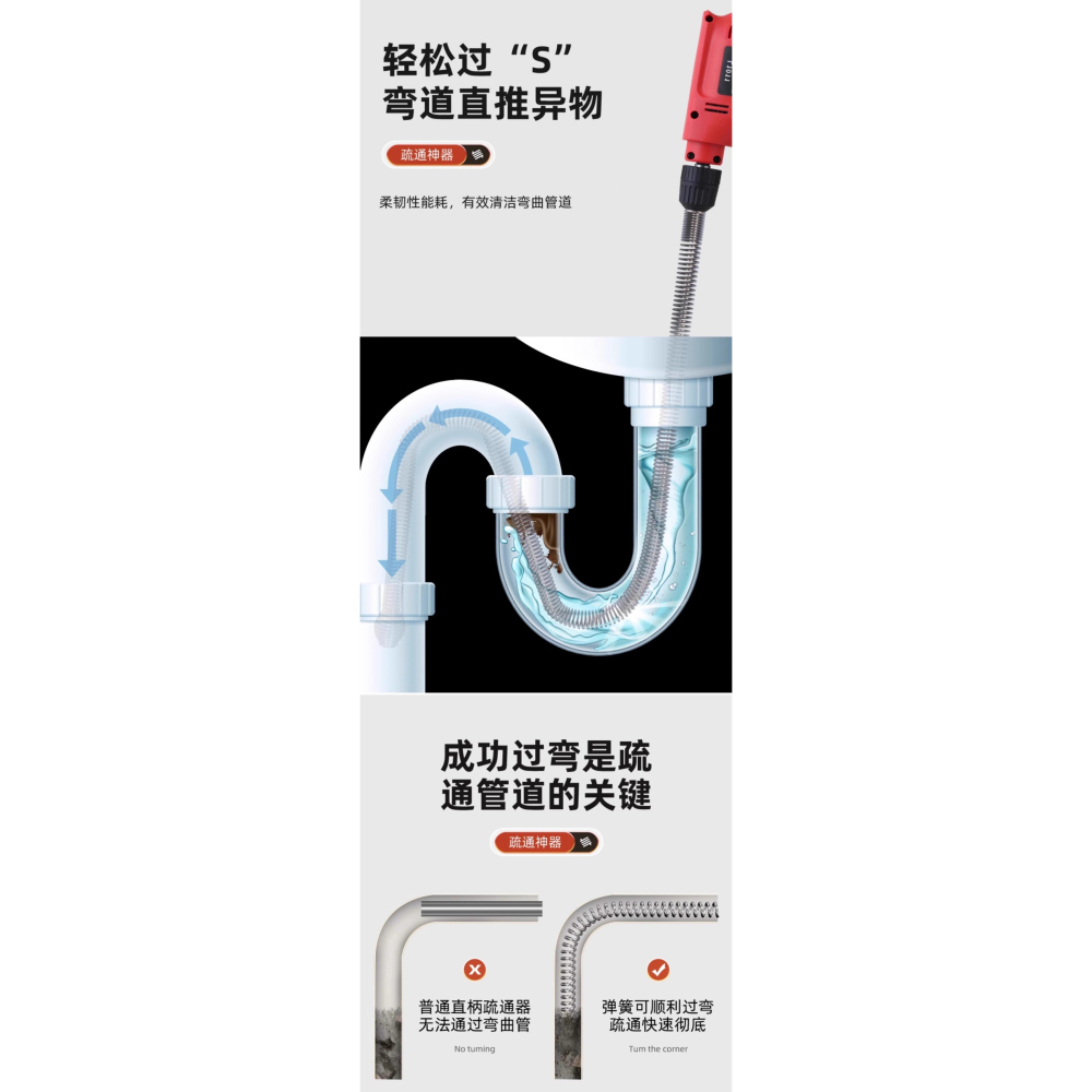 水管疏通管5米電鑽可用疏通軟管下水道疏通軟管管道疏通器馬桶廁所廚房水孔堵塞萬能鋼絲軟簧-細節圖4