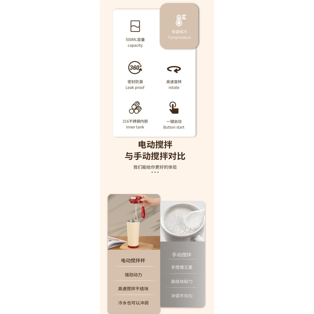 電動攪拌杯500ml不銹鋼316全自動攪拌保溫杯簡約高顏值懶人咖啡杯便攜搖搖杯保冷杯-細節圖2
