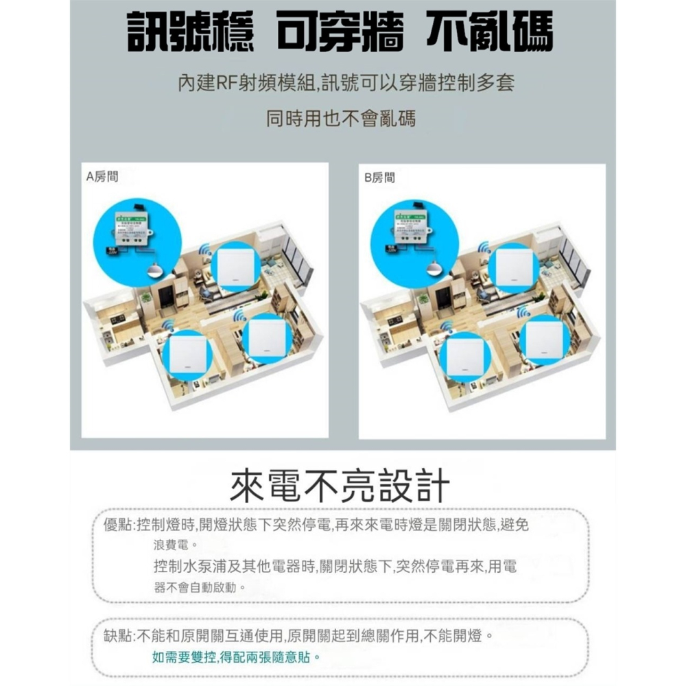 無線遙控一個電器移動開關改裝LED燈具免佈線無線遙控開關 通電關燈無線接收器110v～220V單路繼電器附電池-細節圖4