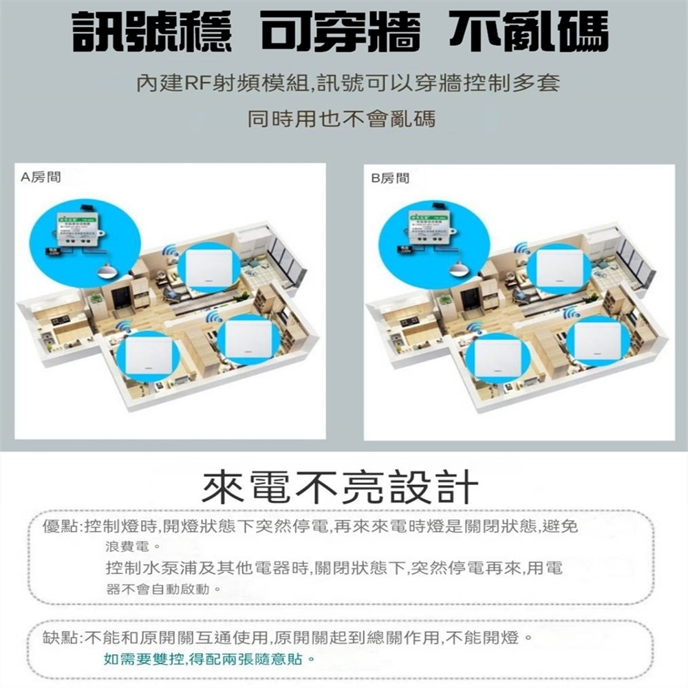 家用燈具免佈線無線遙控開關 通電關燈無線開關110v220V單路繼電器 移動開關改裝LED 可在2個地方無線遙控一個電器-細節圖4