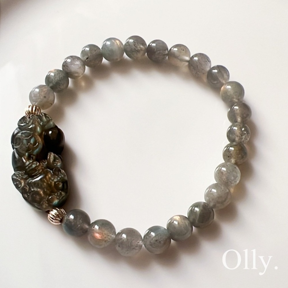 【Olly】設計款【貔貅】拉長石 灰月光 舒緩情緒 招財貴人 連結高我 水晶手鍊 水晶手串 水晶手環-細節圖2