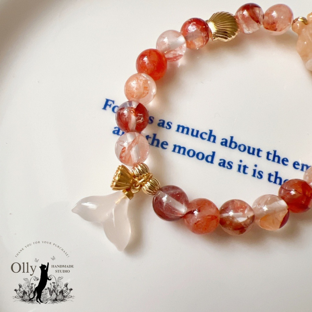 【Olly】設計款【人魚公主】紅膠花 增信心招好運 招正財提升自信j 生日禮物 珊瑚玉 水晶手鍊 彈性手環 手鍊 情人節-細節圖3