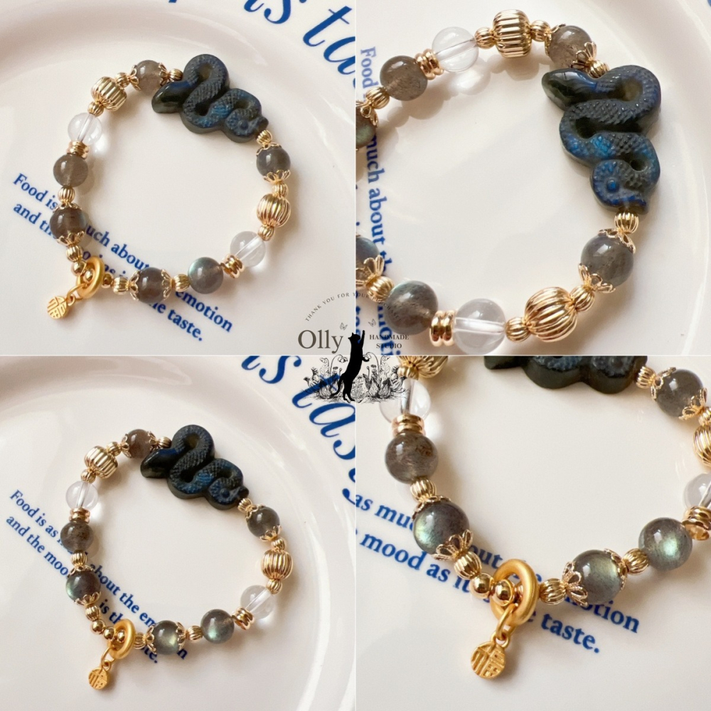 【Olly】設計款【生肖款一蛇】拉長石 魔鬼藍 暴力藍 灰拉長石 彈性手鍊-細節圖3
