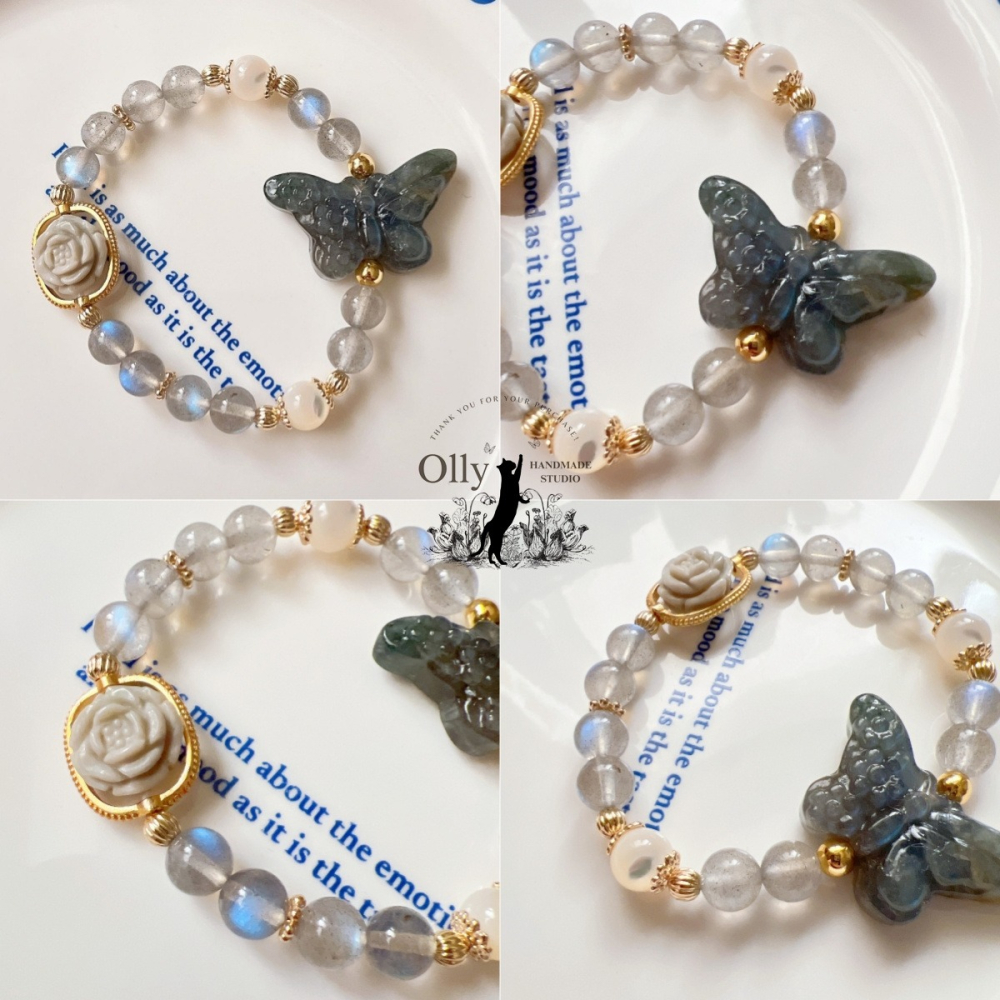 【Olly】設計款【花舞蝶影】拉長石 魔鬼藍 灰拉長石 阿拉善玫瑰 彈性手鍊-細節圖3