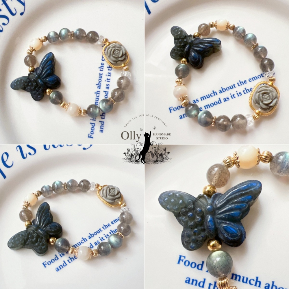 【Olly】設計款【花舞蝶影】拉長石 魔鬼藍 灰拉長石 阿拉善玫瑰 彈性手鍊-細節圖6