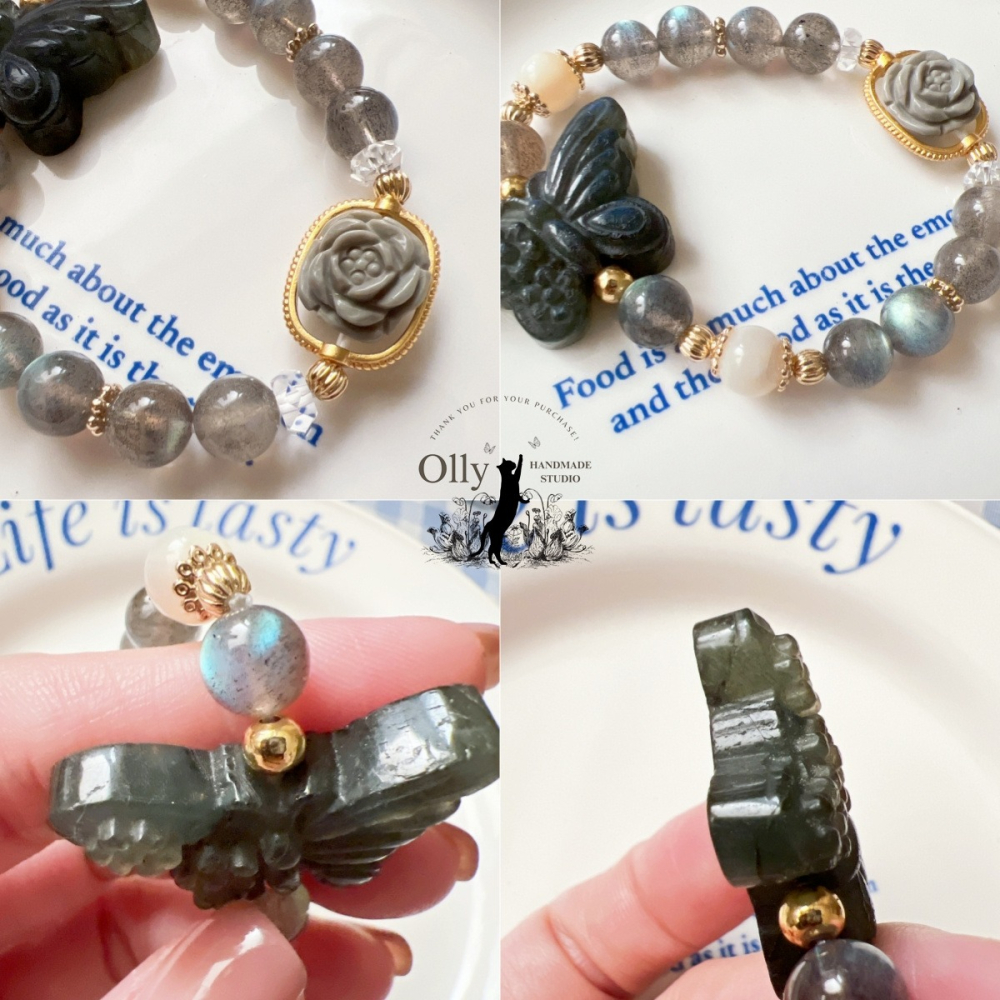 【Olly】設計款【花舞蝶影】拉長石 魔鬼藍 灰拉長石 阿拉善玫瑰 彈性手鍊-細節圖7