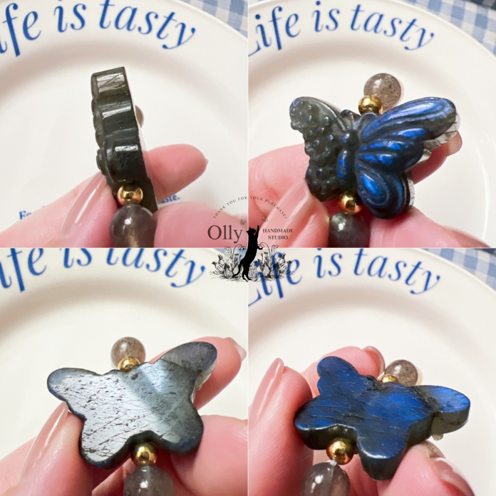 【Olly】設計款【花舞蝶影】拉長石 魔鬼藍 灰拉長石 阿拉善玫瑰 彈性手鍊-細節圖8