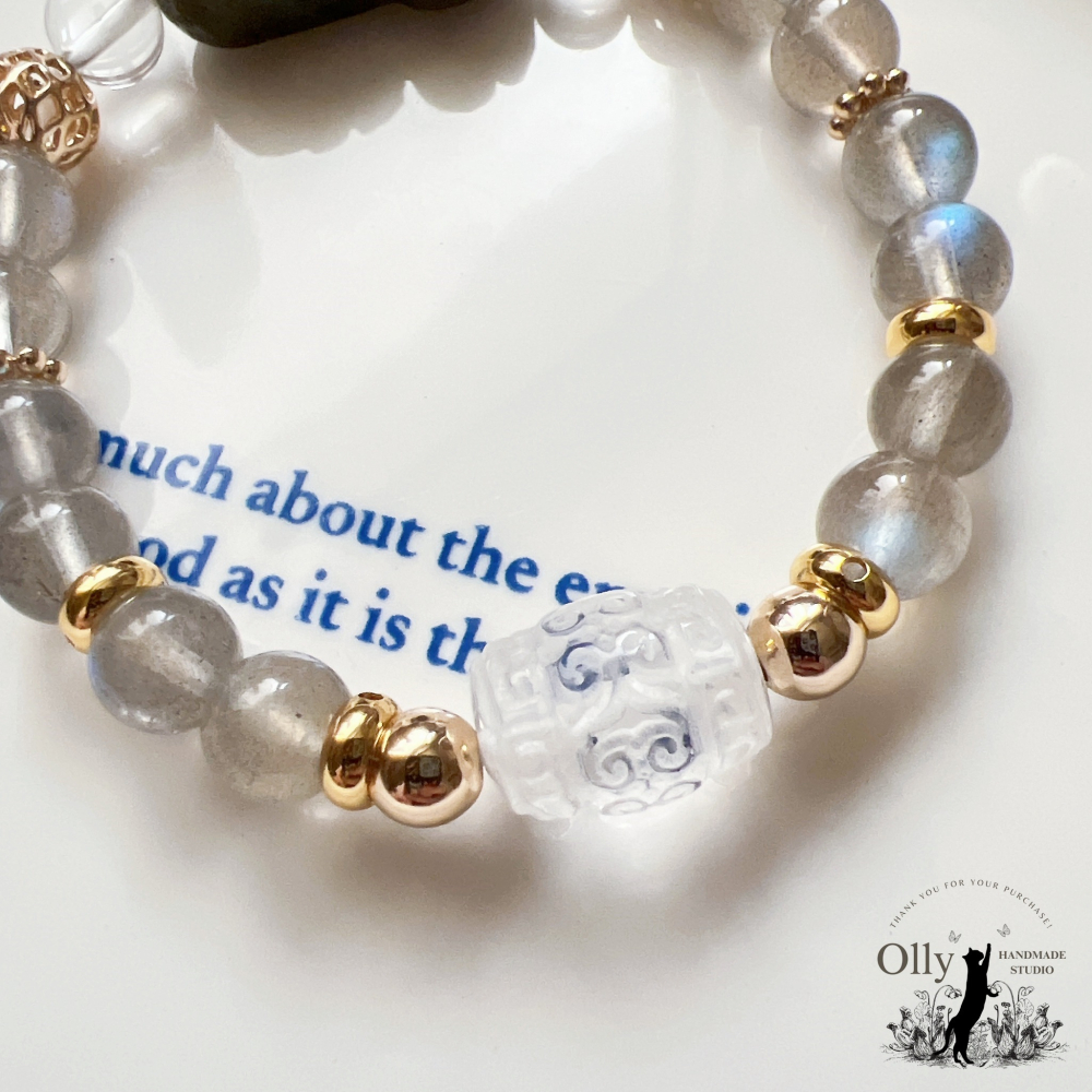 【Olly】設計款【貔貅】拉長石 魔鬼藍 灰拉長石 白水晶回紋珠 彈性手鍊 水晶手串-細節圖2