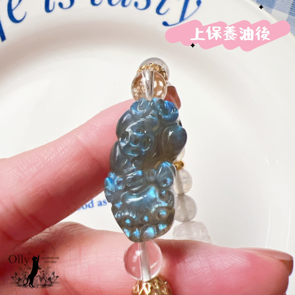 【Olly】設計款【貔貅】拉長石 魔鬼藍 灰拉長石 白水晶回紋珠 彈性手鍊 水晶手串-細節圖3