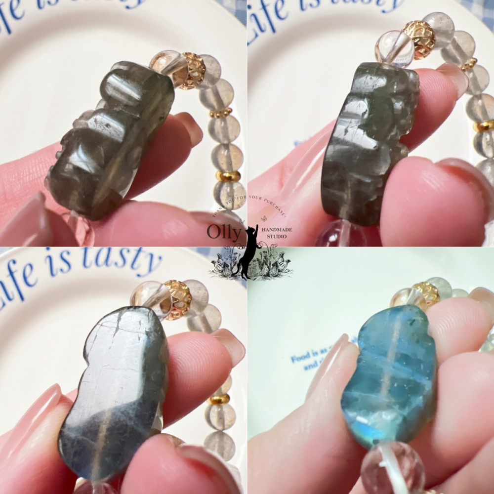 【Olly】設計款【貔貅】拉長石 魔鬼藍 灰拉長石 白水晶回紋珠 彈性手鍊 水晶手串-細節圖5