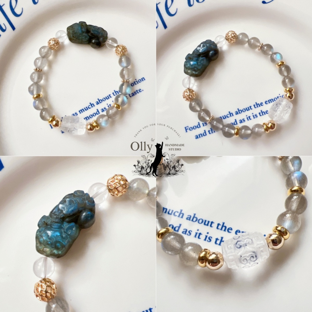 【Olly】設計款【貔貅】拉長石 魔鬼藍 灰拉長石 白水晶回紋珠 彈性手鍊 水晶手串-細節圖7