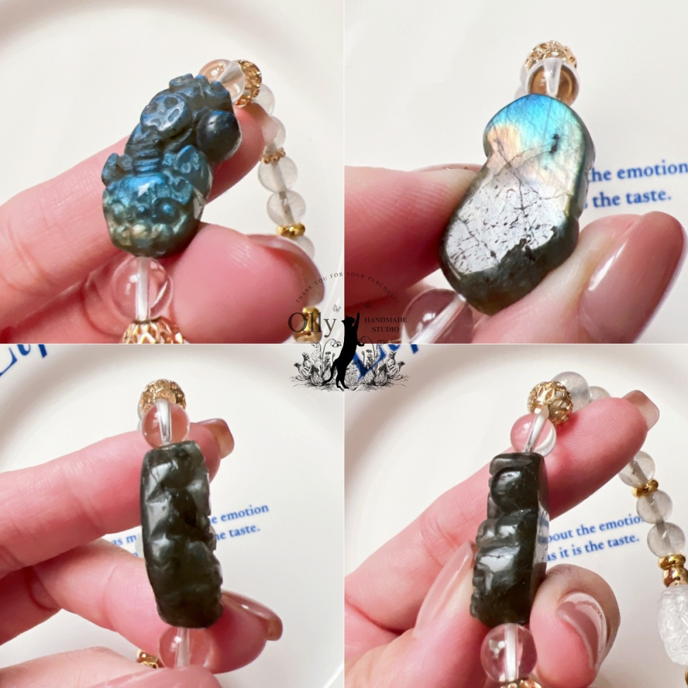 【Olly】設計款【貔貅】拉長石 魔鬼藍 灰拉長石 白水晶回紋珠 彈性手鍊 水晶手串-細節圖8