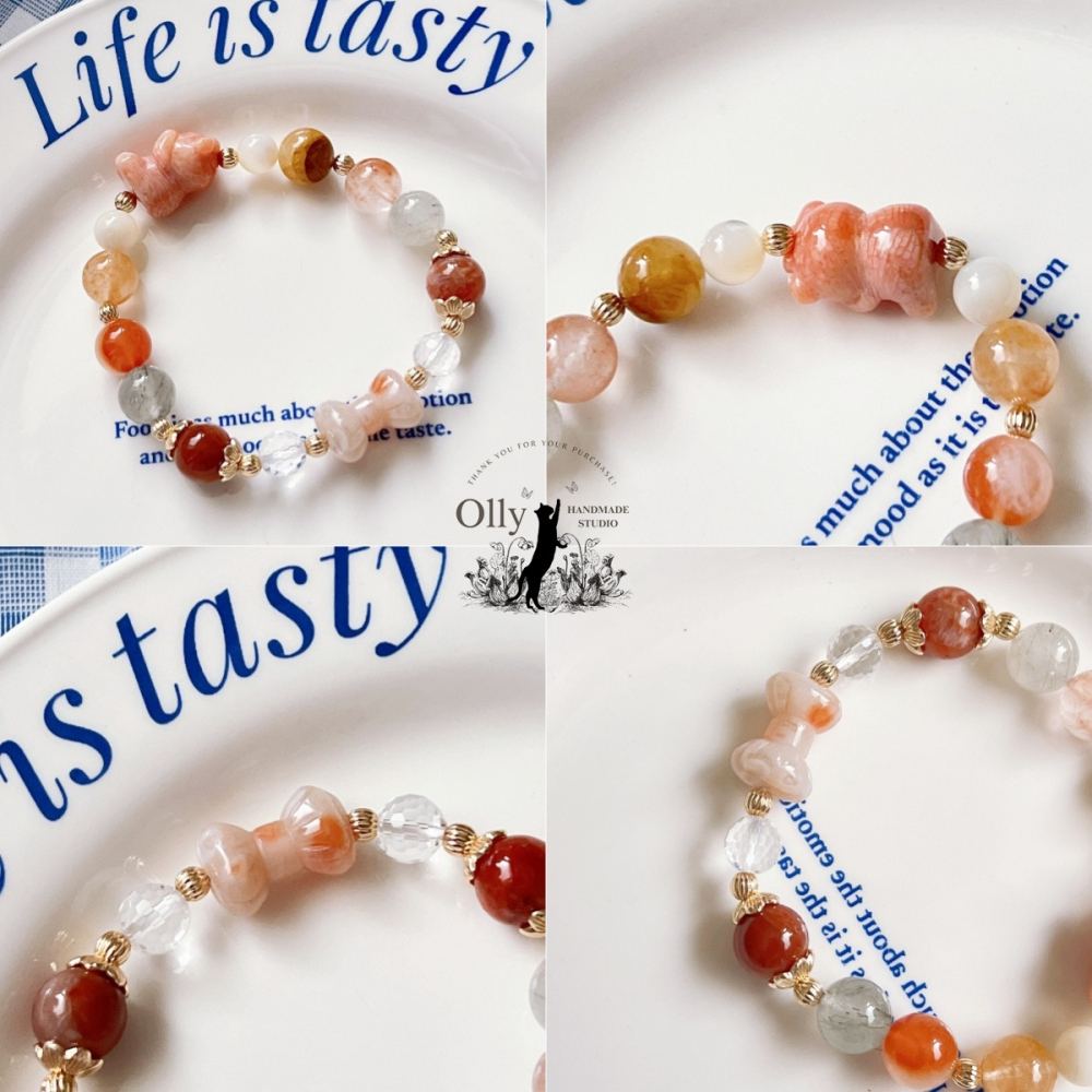 【Olly】設計款【不看不聽小熊】彩兔毛水晶手串-細節圖5