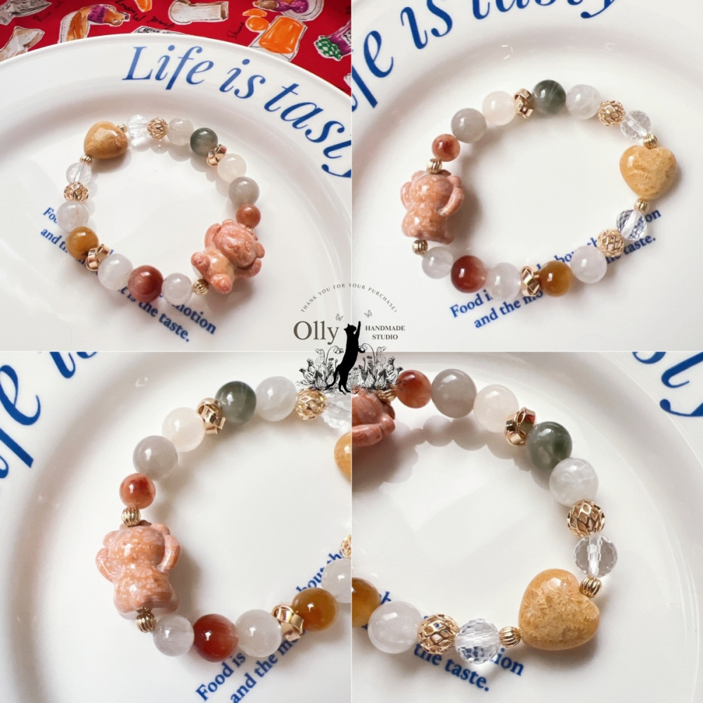 【Olly】設計款【不看不聽小熊】彩兔毛水晶手串-細節圖9