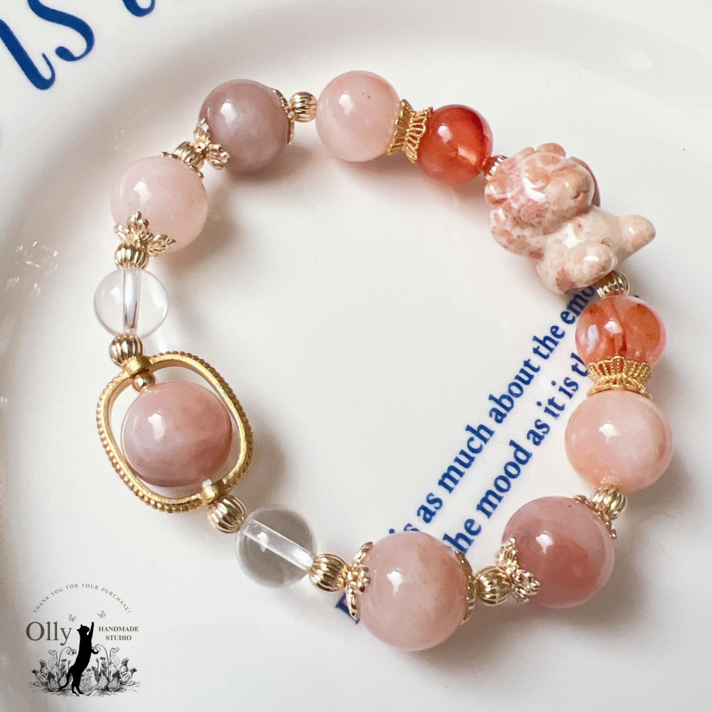 【Olly】設計款【不看不聽小熊】12mm 金絲玉 桃花釀 珊瑚玉 彈性手鍊-細節圖2