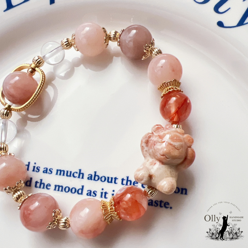 【Olly】設計款【不看不聽小熊】12mm 金絲玉 桃花釀 珊瑚玉 彈性手鍊-細節圖3
