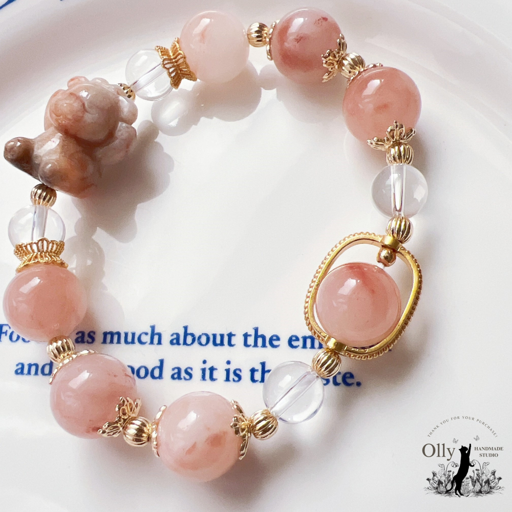 【Olly】設計款【不看不聽小熊】12mm 金絲玉 桃花釀 珊瑚玉 彈性手鍊-細節圖4