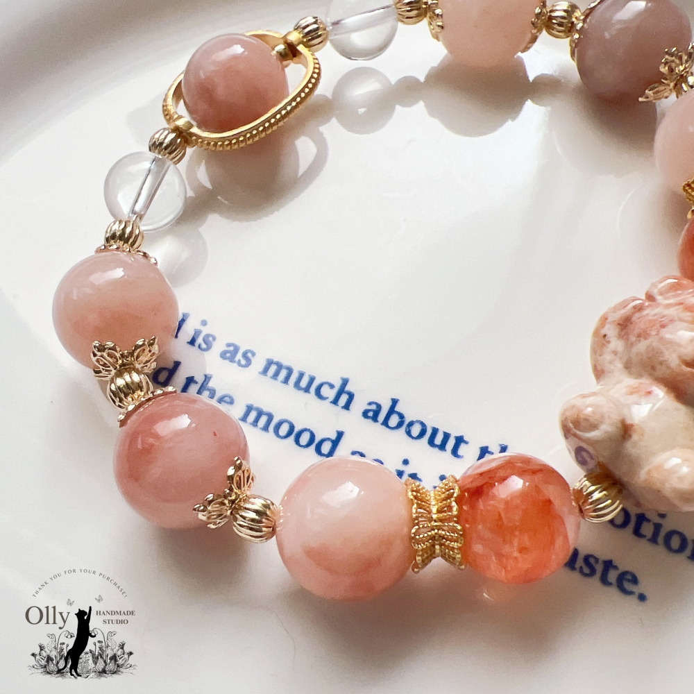 【Olly】設計款【不看不聽小熊】12mm 金絲玉 桃花釀 珊瑚玉 彈性手鍊-細節圖5