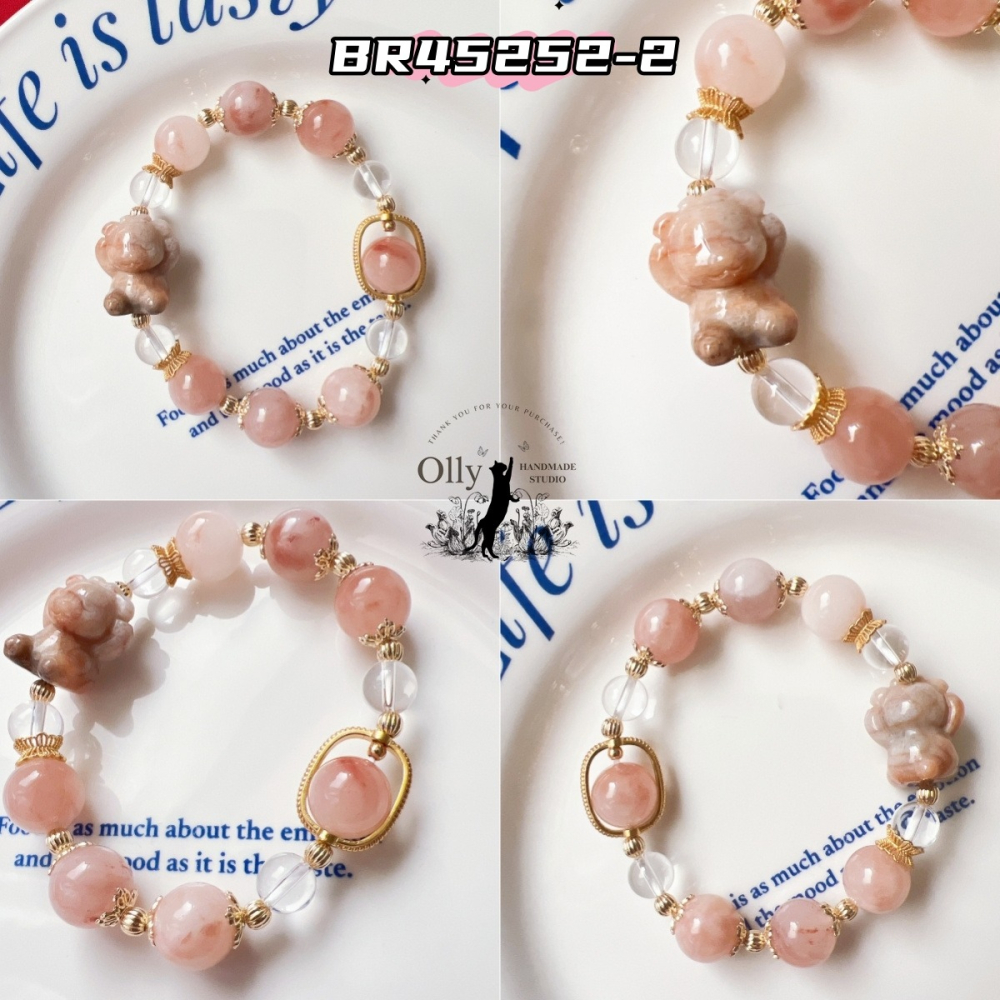 【Olly】設計款【不看不聽小熊】12mm 金絲玉 桃花釀 珊瑚玉 彈性手鍊-細節圖7