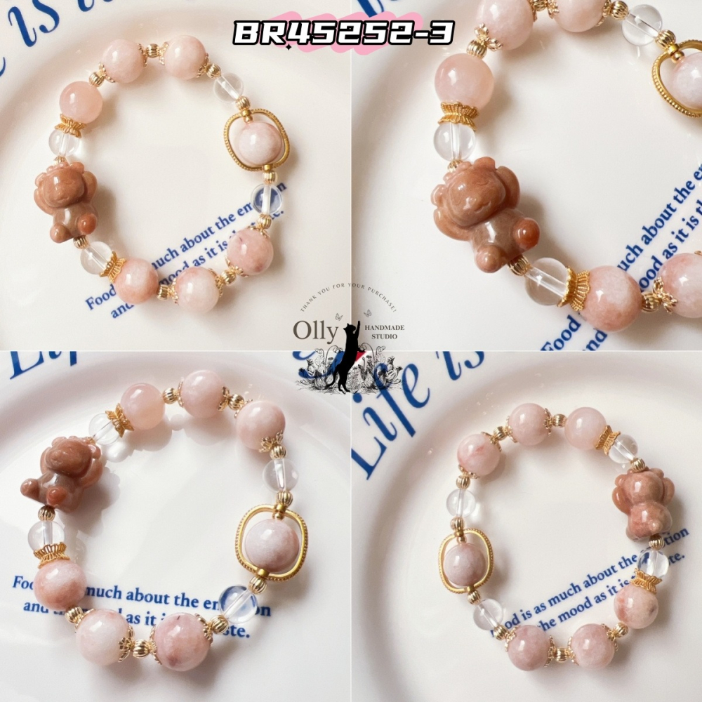 【Olly】設計款【不看不聽小熊】12mm 金絲玉 桃花釀 珊瑚玉 彈性手鍊-細節圖8