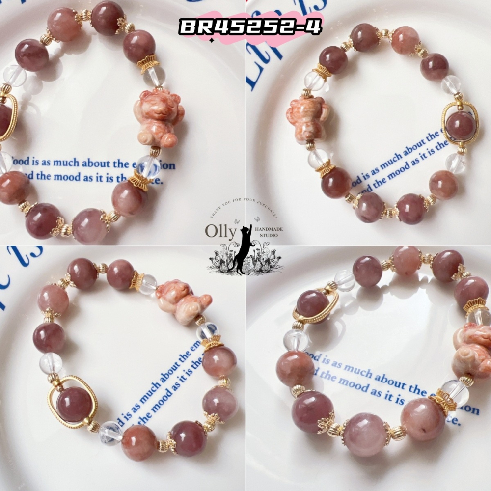 【Olly】設計款【不看不聽小熊】12mm 金絲玉 桃花釀 珊瑚玉 彈性手鍊-細節圖9