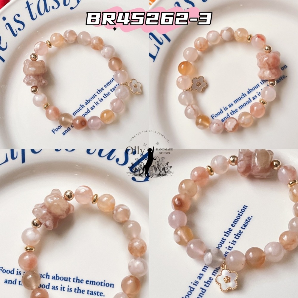 【Olly】設計款【春櫻小熊】粉櫻花瑪瑙 深海珠貝小花 彈性手鍊 設計手鍊-細節圖9