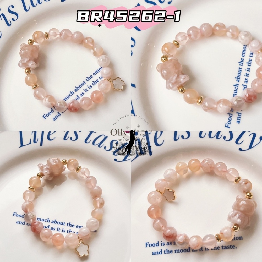 【Olly】設計款【春櫻小熊】粉櫻花瑪瑙 深海珠貝小花 彈性手鍊 設計手鍊-細節圖10