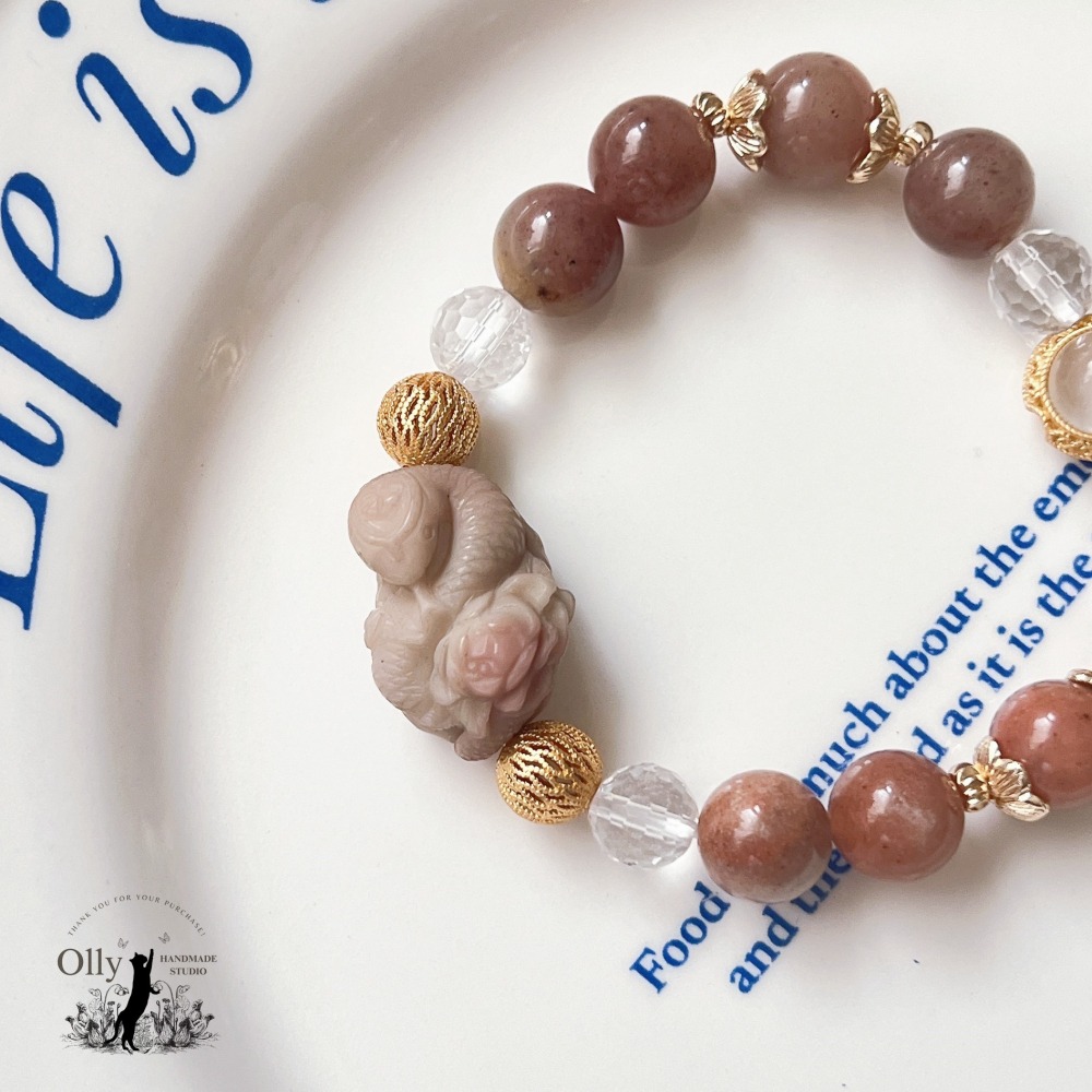【Olly】設計款【蛇影花香】金絲玉 (草莓醬) 阿拉善 彈性手鍊 彈性手串-細節圖5