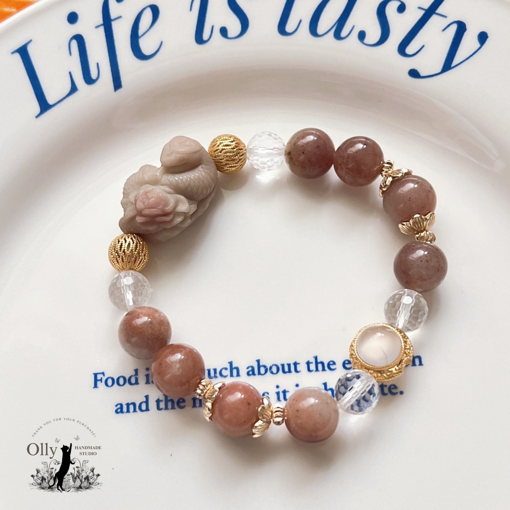 【Olly】設計款【蛇影花香】金絲玉 (草莓醬) 阿拉善 彈性手鍊 彈性手串-細節圖6
