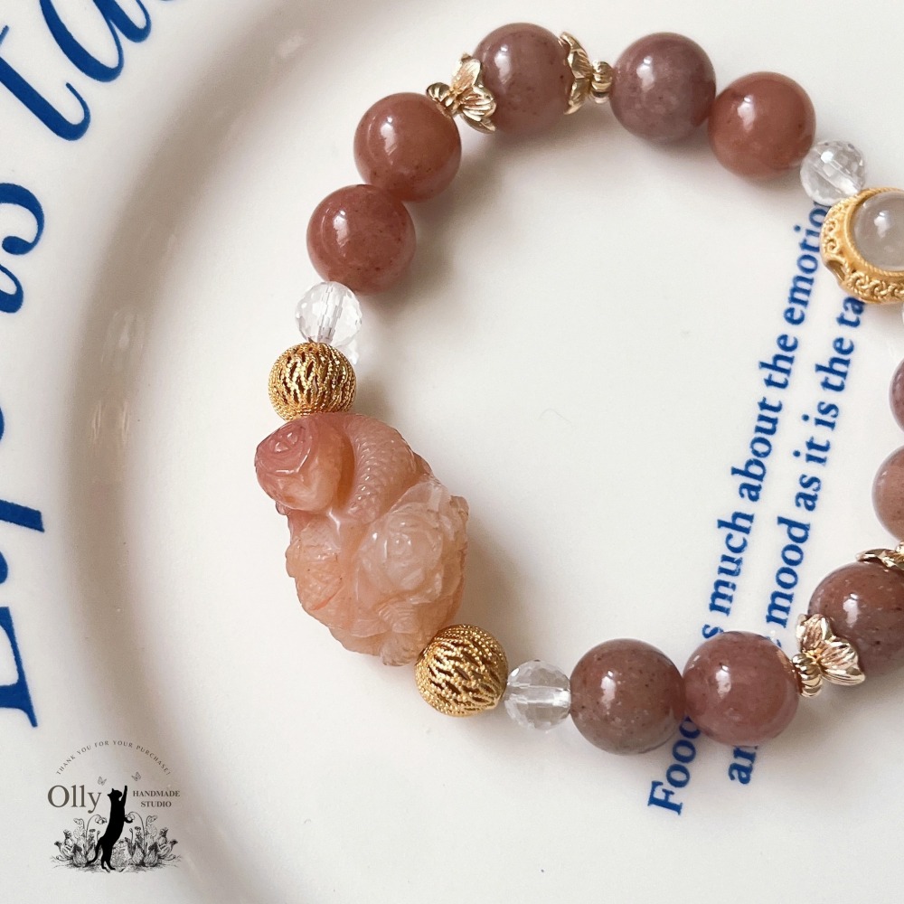 【Olly】設計款【蛇影花香】金絲玉 (草莓醬) 阿拉善 彈性手鍊 彈性手串-細節圖7