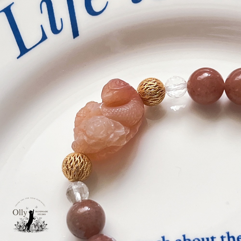 【Olly】設計款【蛇影花香】金絲玉 (草莓醬) 阿拉善 彈性手鍊 彈性手串-細節圖8
