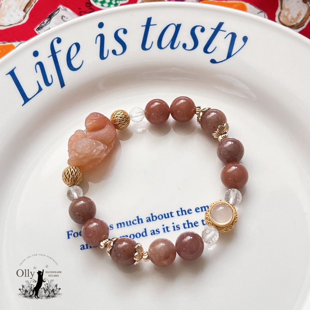 【Olly】設計款【蛇影花香】金絲玉 (草莓醬) 阿拉善 彈性手鍊 彈性手串-細節圖9