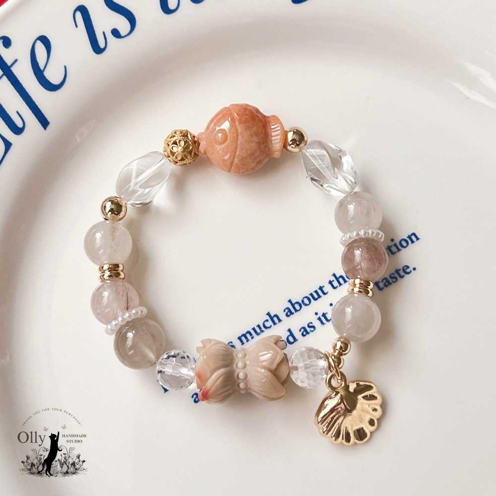 【Olly】設計款【魚戀雙蓮】彩兔毛 阿拉善併蒂蓮 珊瑚玉胖魚 彈性手鍊-細節圖5