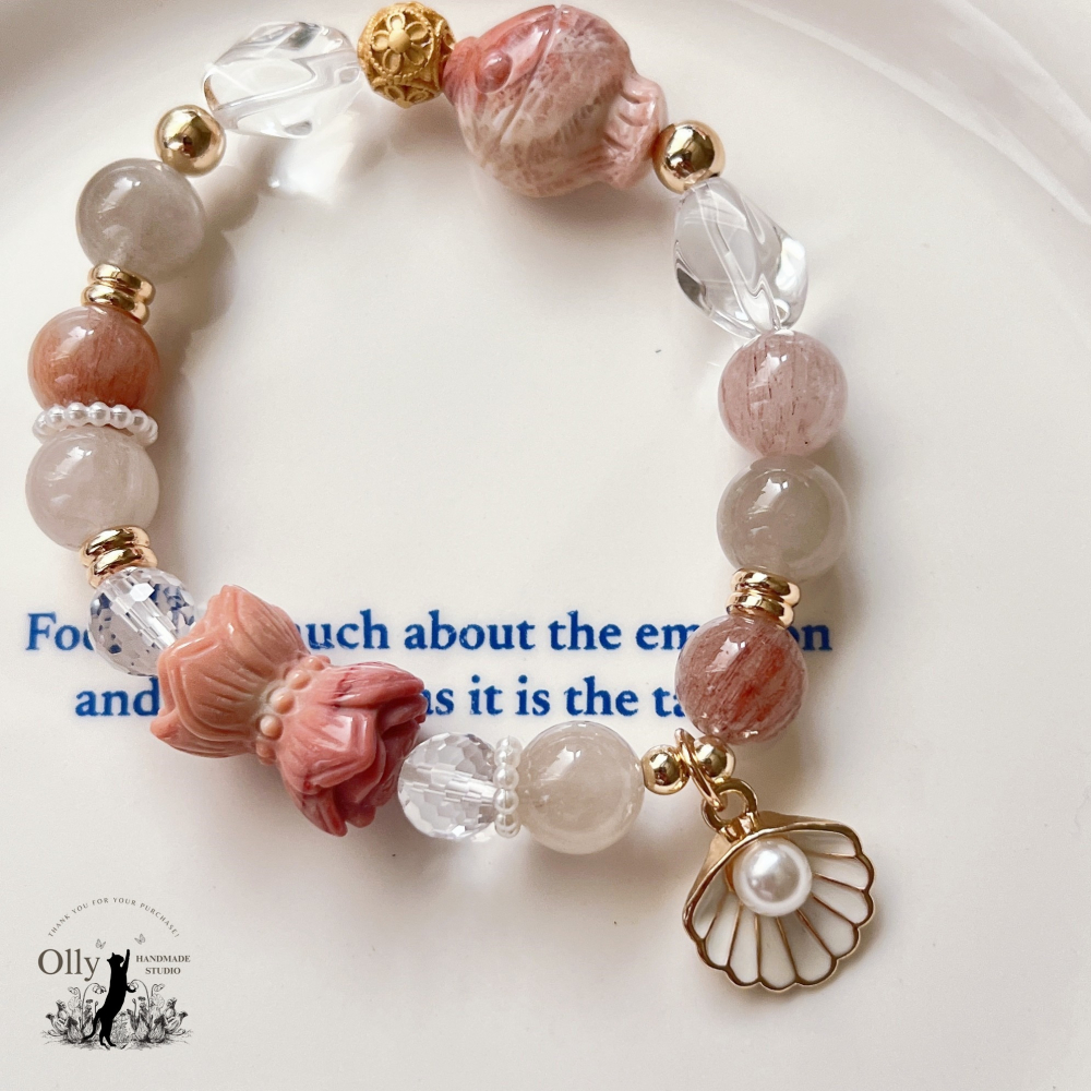 【Olly】設計款【魚戀雙蓮】彩兔毛 阿拉善併蒂蓮 珊瑚玉胖魚 彈性手鍊-細節圖7